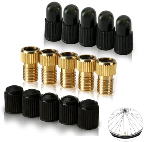 Brass Presta Valve Adaptor (Pack of 5 with 10 Caps), Convert Presta to Schrader for all types of Bikes, e-Bikes, and e-Scooters, Inflate Tire Using Standard Pump or Air Compressor