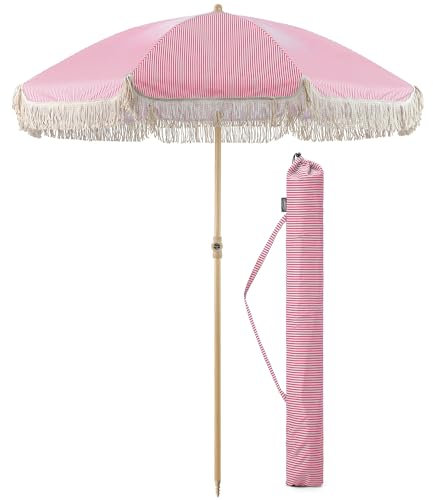 CHRISTOW Portable Garden Parasol with Tilt, 2m Cotton Tassel Beach Umbrella, Outdoor Patio Sunshade, Tilting Canopy, Wood Effect Steel Pole, UV50+ Sun Protection, Water Resistant, Bag (Pink Stripes)
