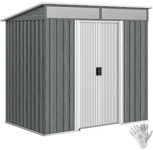 Outsunny 6.5 x 4FT Metal Garden Shed with Foundation Kit, Waterproof Galvanised Steel Tool Storage Shed with Lock, Keys, Double Sliding Doors, Pent Roof, 2 Vents, Light Grey Wood Effect