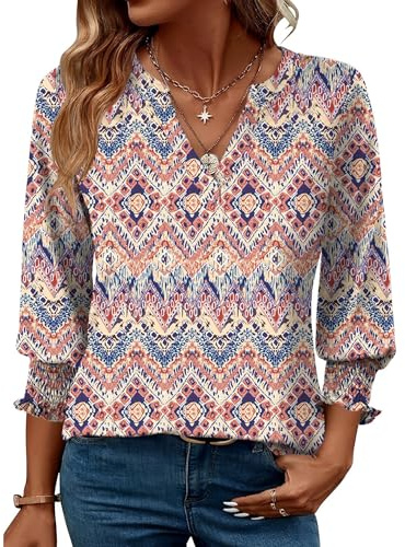Rapbin Women Blouse Tops 3/4 Length Sleeve Fashion V-Neck Tunic Summer Casual Ladies Basic Business Tee Shirts 2025 (12-14, Bohemian Orange)