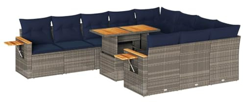 vidaXL 11 Piece Garden Sofa Set with Cushions Grey Poly Rattan Acacia, outdoor sofa set, garden lounge set