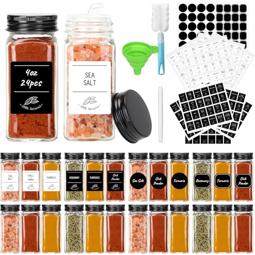 HYCKee 24 Pack 120ml Glass Spice Jars, Square Spice Containers with Black Metal Caps and Pour/Sift Shaker Lids