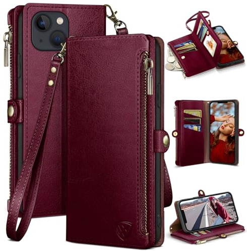 XcaseBar iPhone 13 6.1 Handyhülle, Klapphülle Flip Cover aus PU Leder mit Kartenfach, Reißverschluss & RFID-Schutz,strapazierfähig, Zip Wallet Case für Damen und Herren, Rotwein