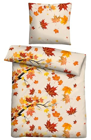 Traumhaft schlafen - Castell - Markenbettwäsche Polycotton Biber 0351122 HERBSTBLÄTTER 1x 155x220 cm + 1x 80x80 cm, orange-rot