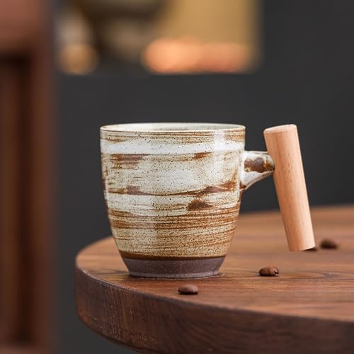 tiliuoe 160-345ml Retro Wood Handle Coarse Clay Espresso Cup Nordic Ceramic Tea Coffee Cups Personalized Mug, for Latte Art, Milk, Water