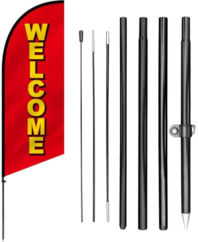 Anley 7,5 FT Drapeau Publicitaire Welcome sur Hampe - Kit Bannière Extérieure en Forme de Plume - Panneau de Bienvenue pour Magasins, Entreprises, Événements ou Entrées - Résistant aux Intempéries
