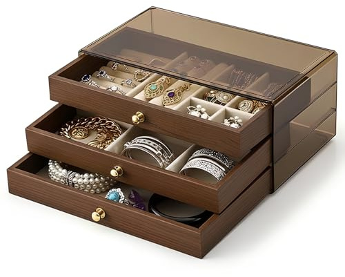 Alyxen Schmuckkästchen, Schmuckschatulle, Schmuckkästchen aus Holz, Schmuckkasten aus Walnussholz, 3-Stöckige Schmuckschatulle, Organizer für Ringe, Ohrringe, Halsketten, Armbänder