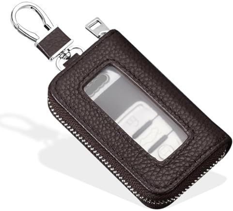 DOKRIN Estuches de llaves para hombre 1 funda de cuero para llaves de coche, funda para mando a distancia con ventana transparente, llavero para coche con gancho metálico y cremallera, unisex