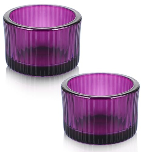 Qwrqwr Teelichthalter aus Glas, dekoratives Votivkerzen-Set, Grün, Tischdekoration für Zuhause, Hochzeit, Party, Dekoration, Violett, 2 Stück