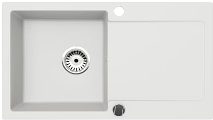 Faizee Home | Element Granitspüle 90 x 50 cm Weiß – Einbauspüle aus Granit mit Abtropffläche | Reversibel montierbar | Ohne Armatur | Inkl. Siphon-Set