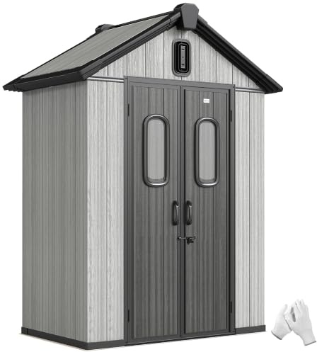 Outsunny Casetta da Giardino 1.3m² con Pavimento Telaio Metallo Grigio | In Plastica, Capanno da Giardino Porta Attrezzi, Prese d'Aria, 2 Finestre, Doppia Porta Bloccabile, Tetto Inclinato