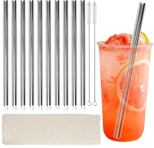SJUNJIE 13 Strohhalme Edelstahl Set Trinkhalme Metall Strohhalm 215x10MM | 304 Edelstahl Strohhalm Silber Dicke Strohhalme mit Bürste und Aufbewahrungstasche für Smoothies Milchshakes Bubble Tea