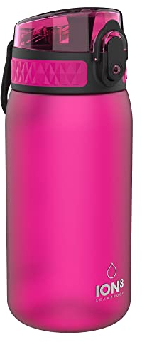 ion8 Kinder Trinkflasche, 350ml, Auslaufsicher, Einhandöffnung, Sichere Verriegelung, Spülmaschinenfest, BPA-frei, Tragegriff, Klappdeckel, Leicht zu Reinigen, Klimaneutral, Rosa