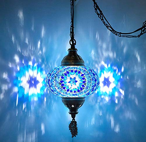 DEMMEX Plafonnier turc marocain en mosaïque, luminaire suspendu avec cordon de 4,5 m, chaîne et prise, lampe à brancher, sans câblage électrique, à brancher sur une prise murale