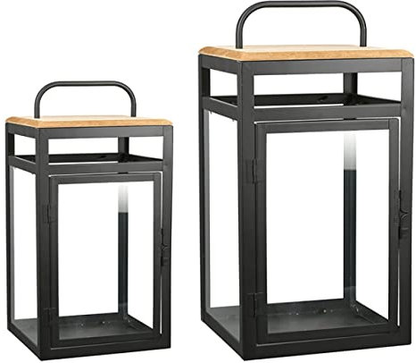 Casablanca modernes Design Laterne „Relax“, Metall, Glas, Holz, 2er-Set, Höhe 22cm und 34xm