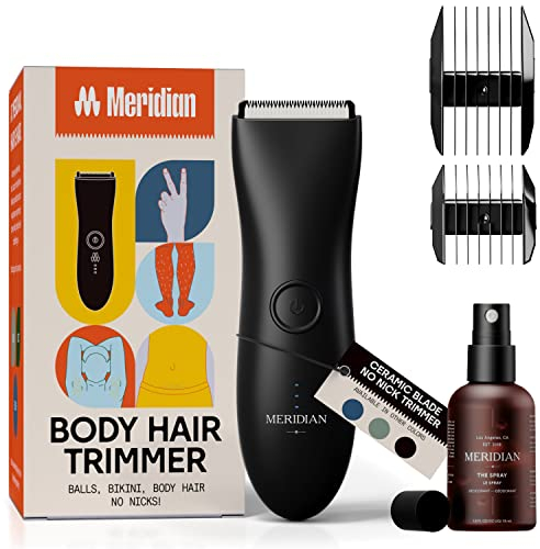 Meridian Körperhaartrimmer für Herren und ein Spray (50 ml)| Hoden Rasierer | Schamhaare, Achseln, Brust|wasserdicht | 90 Minuten Akkulaufzeit | Onyxschwarz