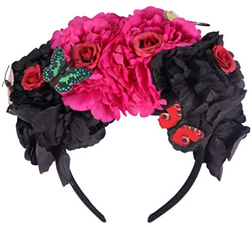 Fasce per Capelli Rosa Messicane di Halloween con Farfalla di Fiori in Plastica Accessorio Copricapo Decorativo per Oggetti di Scena Bomboniere Costume in Maschera (Nero)