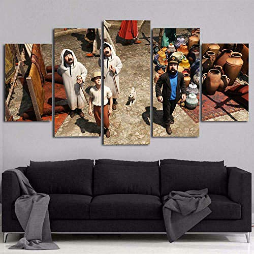 Leinwandbild 5 Teile Bilder Filmanimation Die Abenteuer von Tim und Struppi 5 teilige Wandbilder Wandbilder Kunstdruck 150X80cm Mit Rahmen Vlies Leinwanddrucke Leinwandbilder Cadeau d'Halloween