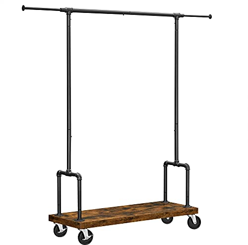 VASAGLE Portant à vêtements, Porte-manteau extensible, Support habits sur roulettes, avec 2 barres, façon tuyaux, style industriel, Marron Rustique et Noir RGR110B01