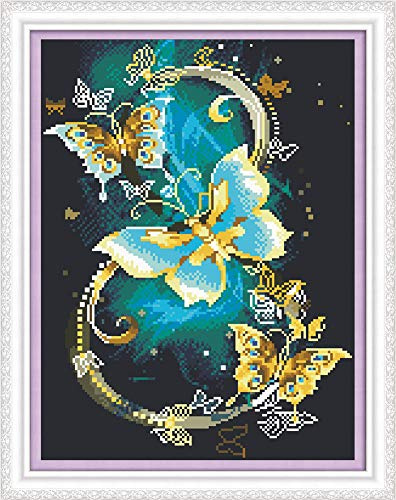 Abillyn Kreuzstich Stickpackungen Vorgedruckt, Blauer und Goldener Schmetterling am Weinstock Bilder Stickerei Set (Butterfly 2)