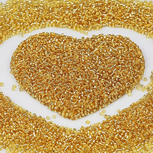 Bulk 2mm Transparent Gold Seed Beads for Jewelry Making 110 Grams About 9800pcs,12/0 Glass Craft for Making Earrings, Bracelets, Pendants, Waist Jewelry, DIY Handmade Seed Beads（Gold）