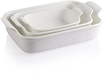 Sweejar Baking Pans Set, Ceramic 9x13 Baking Dish with Handle, Rectangular Casserole Dishes for Oven, Bakeware Sets of 3, Durable Lasagna Pan Deep for Kitchen, Banquet, Wedding Gift(White)