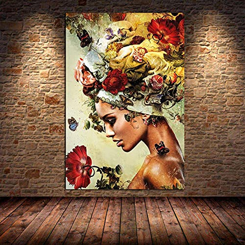 HOLEILUCK Moderne abstrakte Blume Schmetterling Frau Leinwand Gemälde Drucke Cuadros Wandkunst gerahmt für Wohnzimmer Wohnkultur 75x90cm/30x35in mit Rahmen