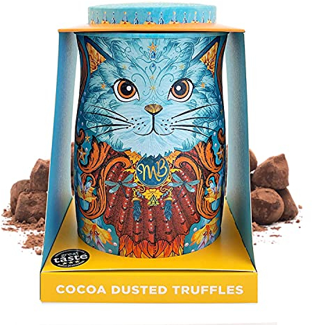 Monty Bojangles Spirit Blue Schokoladentrüffel (135g) Truffle Pralinen mit Kakao bestäubt Pralinen, Schokolade individueller Sammlerdose mit Katzen-Design, Geschmack Coconut Crush