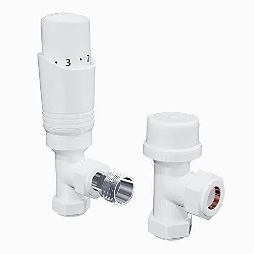 ELEGANT White Radiator Valves Thermostatic Radiator Valves Kit Angled TRV & Lockshield Towel Rail Valves 1/2” / 15mm Central Heating Taps