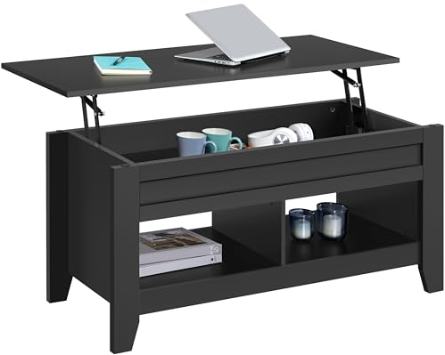 Yaheetech Table de Basse Relevable avec Plateau relevable, Table de Salon Fonctionnelle avec Deux Compartiements Caché, Design Moderne en Bois MDF 104 x 49 x 49/61 cm Noir
