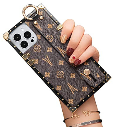 Rectangle Designer Luxury Case for iPhone 12 pro max Leather with Wristband Strap Hand Holder Ring Kickstand Silicone Shockproof Protective Bumper Trunk Box for Women Girls (Brown, iphone 12 Pro Max)