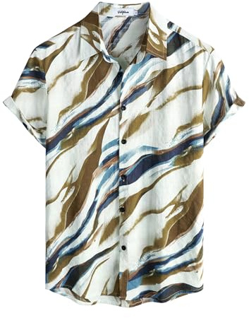 VATPAVE Mens Hawaiian Shirt Short Sleeve Button Down Shirts 3XL Beige Blue
