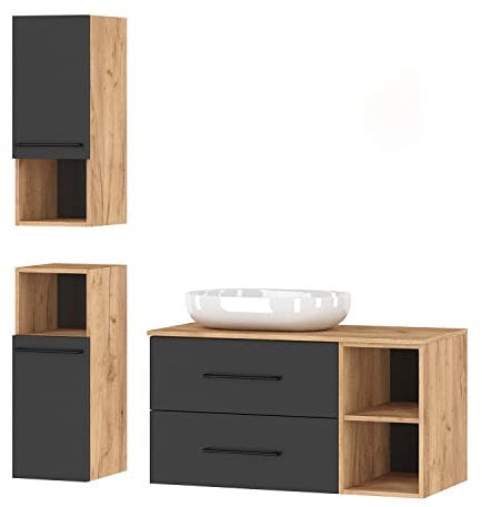 Planetmöbel Badmöbel Komplettset Badmöbel Komplettset 4-teilig 100cm mit Aufsatzwaschbecken und 2X Midischrank, in den Farben Gold Eiche/Anthrazit