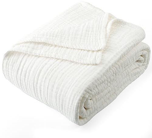 Carriediosa 100% Cotton Muslin Throw Blanket 70 X 80 Twin Size,4-Layers Summer Gauze Throws for Bed Couch,Soft Lightweight Breathable Linen Blankets Bedspread for Adults All Season,White