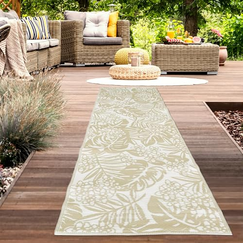 CARPETIA Outdoor-Teppich Wetterfest Kunststoff Wendeteppich Picknick Garten Terrasse Balkon pflegeleicht modern Blätter beige Läufer lang 90x300cm