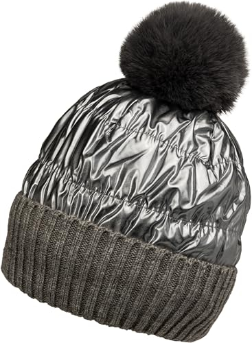 Caspar MU217 Damen warm gefütterte Winter Materialmix Metallic Glanz Bommelmütze, Farbe:dunkelgrau, Accessoires:One Size