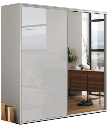B&M Furniture Großer Kleiderschrank mit Schiebetür aus Glas/ Lacobel und Spiegel - mit Einlegeböden und Kleiderstange - für Garderobe, Schlafzimmer - 2-türig - Freistehend - Weiß - 150 cm B, 245 cm H
