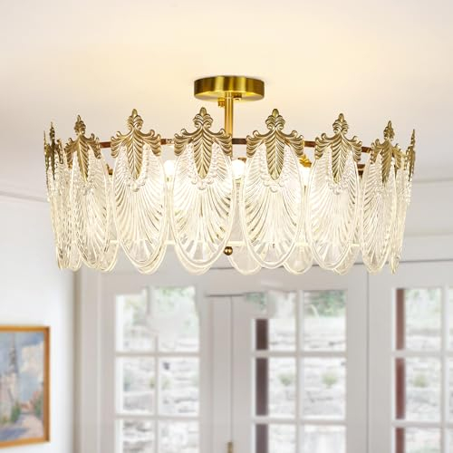 Depuley Moderne Kristall Deckenleuchte, 60cm Kristall Kronleuchter Gold, Semi Unterputz Deckenlampe LED, Leuchte mit Elegantem Design,E14 x 8 Lichter für Wohnzimmer, Esszimmer, Restaurant