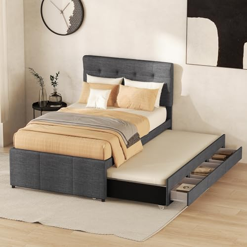 Merax Polsterbett 90 x 200 cm mit 3 Schubladen, Einzelbett Bettgestell mit ausziehbares Bett, Familienbett mit Lattenrost und Höhenverstellbarem Kopfteil, Leinenmaterial, ohne Matratze, Grau