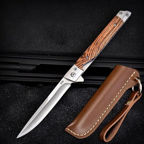 Klappmesser Scharfes Taschenmesser mit Holzgriff. Survival Einhandmesser mit Flipper & Kugellagern, Jagdmesser aus Edelstahl (Weiß - Pointed)