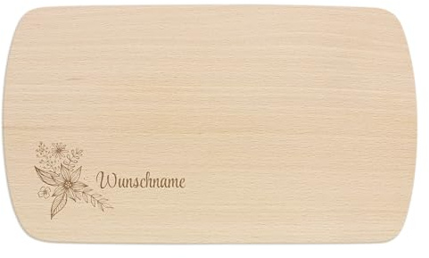 PrintPlanet® - Personalisiertes Holz-Frühstücksbrettchen mit Gravur - Schneidebrett mit Namen personalisiert - Motiv: Blume