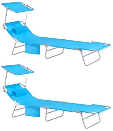 SoBuy 2-er Set Sonnenliege klappbar Gartenliege mit Sonnendach & Kopfkissen & Seitentasche Strandliege für Balkon 155x56x81cm für Gartenmöbel Terrasse Camping Himmelblau OGS48-Bx2