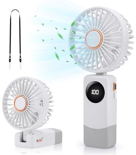 JYPS Hand held Fan, Portable Handheld Fan USB Rechargeable Fans with 5 Speeds, Mini Foldable Battery Operated Fan, Small Desktop Fans with LED Display for Home Office Bedroom, Summer Travel Essentials