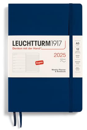 LEUCHTTURM1917 370759 Wochenkalender & Notizbuch Medium (A5) 2025, Softcover, Marine, Englisch