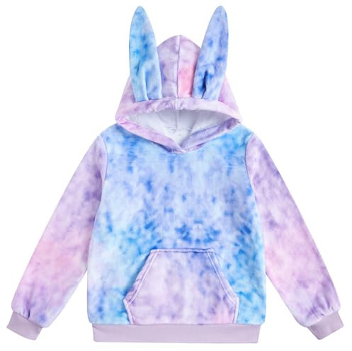 Fanient Pullover Ragazze Felpa con Cappuccio con Orecchie di Coniglio Blu Viola Felpa con Cappuccio in Pile per Bambini Pullover Casual con Tasche 12-13 Anni