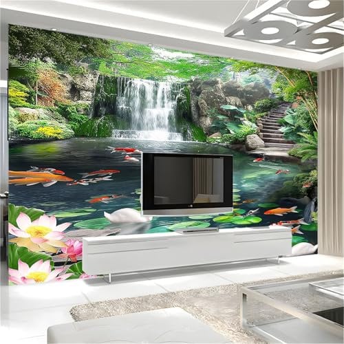 3D Fototapete Wasserfall Teich Koi-Karpfen Tapete Grün Wandbild Wandtapete Haupt dekorationen für Wohnzimmer Schlafzimmer Büro 200 x 140 cm (WxH) Vlies Tapete Wanddeko