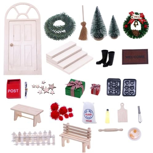 KDAMGOQE Porta Elfo Natalizia Set di Porte Elfo 27pcs/Set di Fata in Legno Porte GNOME di Natale Set con Lettere in Miniatura Cassette per Recinzione Ghirlanda per Decorazioni Natalizie