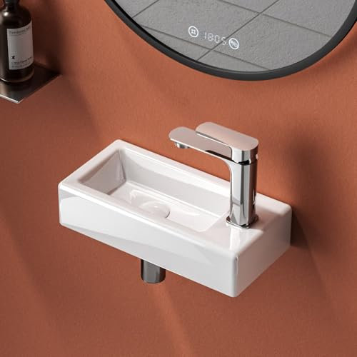 EMKE Lavello angolare da parete, piccolo, per guardaroba, rettangolare, in ceramica, bianco, 36 x 18 x 9 cm (lunghezza x larghezza x altezza), un foro per rubinetto sinistro