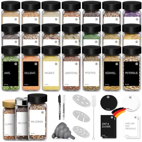 Miorkly Gewürzgläser Eckig Set mit Edelstahl Deckel Schwarz [24x 120ml] Gewürzdosen mit Streueinsatz - Hochwertige Gewürzstreuer, Gewürzbehälter, Gewürze Organizer [10,5cm x 4,3cm]