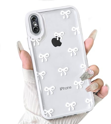 NITITOP Compatible with iPhone X/XS Case Cute Clear White Durable Ribbon Bowknot Pattern for Girls Women Soft TPU Transparent Full Camera Lens Shockproof Protective Phone Cover - White